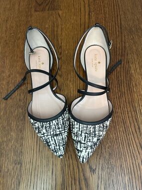Kate Spade Black & White Pointed Toe Ankle-Strap Flats